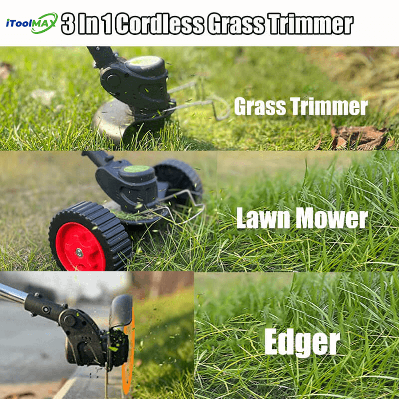 An all-in-one cordless push lawn mower, trimmer and edger. Easily converts from weed eater to wheeled Lawn Mower. With a wheel save weeding job as easy as walking, improve work efficiency and save time. Make your weed eater the envy of the neighborhood.