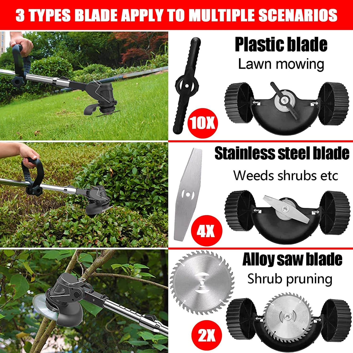 Our battery power Cordless weed eater comes with 3 types blades.① Stainless steel metal blades for cutting thick weed and small shrubs. ② Circular saw blades for cutting thicker shrub, branches, sapling and bramble. ③ Plastic blades are suitable for mowing soft grass and other light stuff.